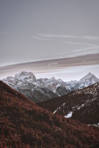 Preview wallpaper mountains, peaks, snowy, trees, sky