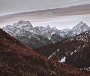 Preview wallpaper mountains, peaks, snowy, trees, sky