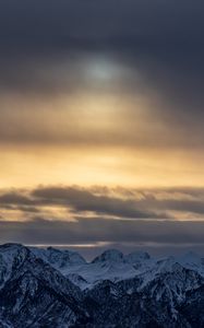 Preview wallpaper mountains, peaks, snowy, sky, clouds, overcast