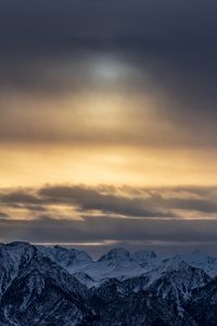 Preview wallpaper mountains, peaks, snowy, sky, clouds, overcast