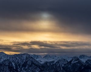 Preview wallpaper mountains, peaks, snowy, sky, clouds, overcast