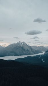 Preview wallpaper mountains, peaks, snowy, river, forest, trees