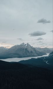 Preview wallpaper mountains, peaks, snowy, river, forest, trees