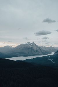 Preview wallpaper mountains, peaks, snowy, river, forest, trees