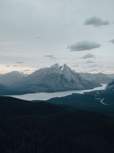 Preview wallpaper mountains, peaks, snowy, river, forest, trees