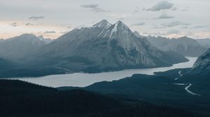 Preview wallpaper mountains, peaks, snowy, river, forest, trees