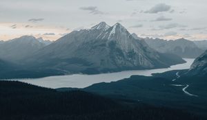 Preview wallpaper mountains, peaks, snowy, river, forest, trees