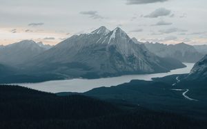 Preview wallpaper mountains, peaks, snowy, river, forest, trees