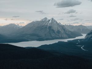 Preview wallpaper mountains, peaks, snowy, river, forest, trees