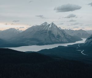 Preview wallpaper mountains, peaks, snowy, river, forest, trees