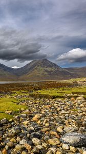 Preview wallpaper mountains, peaks, stones, coast, river