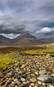 Preview wallpaper mountains, peaks, stones, coast, river
