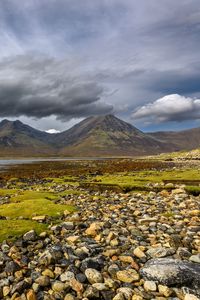 Preview wallpaper mountains, peaks, stones, coast, river