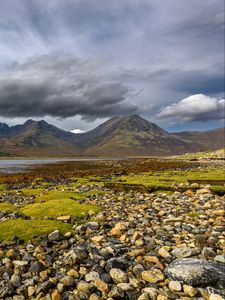 Preview wallpaper mountains, peaks, stones, coast, river