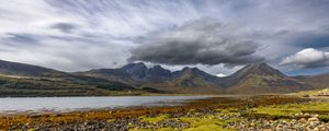 Preview wallpaper mountains, peaks, stones, coast, river