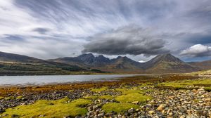 Preview wallpaper mountains, peaks, stones, coast, river