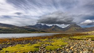 Preview wallpaper mountains, peaks, stones, coast, river