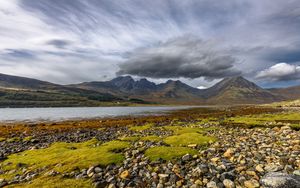 Preview wallpaper mountains, peaks, stones, coast, river