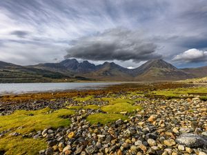 Preview wallpaper mountains, peaks, stones, coast, river