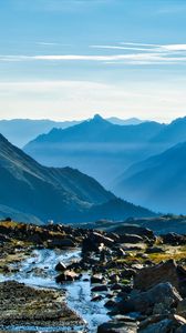 Preview wallpaper mountains, peaks, stream, valley, landscape, stones