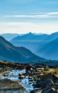 Preview wallpaper mountains, peaks, stream, valley, landscape, stones