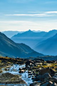 Preview wallpaper mountains, peaks, stream, valley, landscape, stones