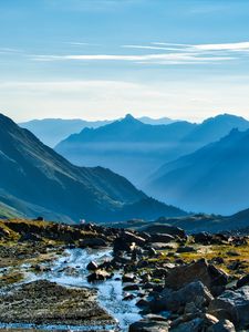 Preview wallpaper mountains, peaks, stream, valley, landscape, stones