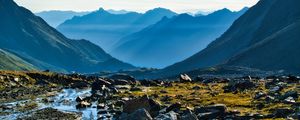 Preview wallpaper mountains, peaks, stream, valley, landscape, stones