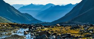 Preview wallpaper mountains, peaks, stream, valley, landscape, stones