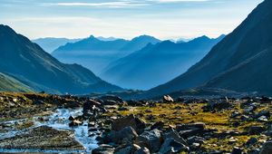 Preview wallpaper mountains, peaks, stream, valley, landscape, stones