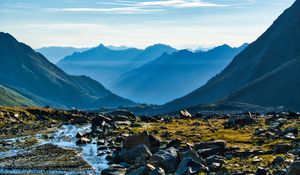 Preview wallpaper mountains, peaks, stream, valley, landscape, stones