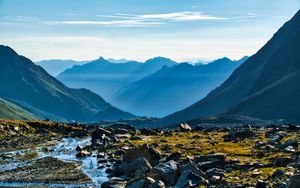 Preview wallpaper mountains, peaks, stream, valley, landscape, stones