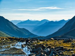 Preview wallpaper mountains, peaks, stream, valley, landscape, stones