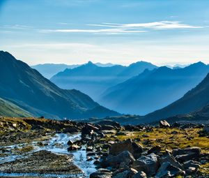 Preview wallpaper mountains, peaks, stream, valley, landscape, stones