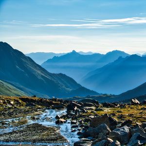 Preview wallpaper mountains, peaks, stream, valley, landscape, stones