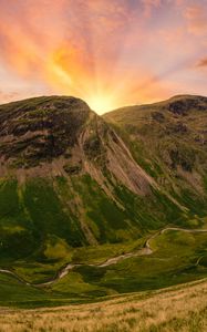 Preview wallpaper mountains, peaks, sunset, grass, meadow