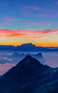 Preview wallpaper mountains, peaks, sunset, distance