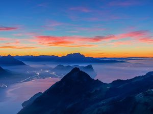 Preview wallpaper mountains, peaks, sunset, distance