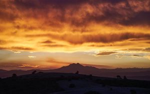 Preview wallpaper mountains, peaks, sunset, bushes, sky