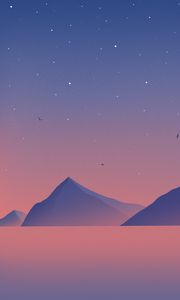 Preview wallpaper mountains, peaks, sunset, birds, purple, art