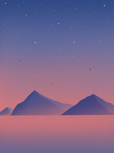 Preview wallpaper mountains, peaks, sunset, birds, purple, art