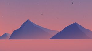 Preview wallpaper mountains, peaks, sunset, birds, purple, art