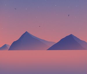 Preview wallpaper mountains, peaks, sunset, birds, purple, art