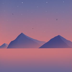 Preview wallpaper mountains, peaks, sunset, birds, purple, art