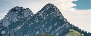 Preview wallpaper mountains, peaks, trees, spruce, sky