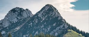 Preview wallpaper mountains, peaks, trees, spruce, sky