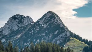 Preview wallpaper mountains, peaks, trees, spruce, sky