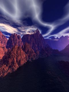 240x320 Wallpaper mountains, photoshop, river, sky
