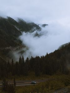 Preview wallpaper mountains, pines, trees, fog, road, car, nature