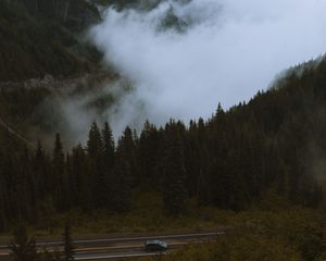 Preview wallpaper mountains, pines, trees, fog, road, car, nature